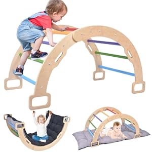 BIERUM Climbing Arch for Toddler, Wooden Climber Toys Inside, Montessori Arch Rocker Indoor, Kids Ladder Arch for Climbing with Two-Color Soft Cushion, Natural, Rainbow