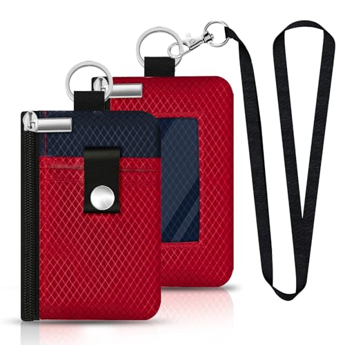 Image of Minimalist RFID Blocking Small Wallet with ID Window,WaterResistant Zip Id Case Wallet with Lanyard Keychain for Cards,Cash,Travel,Women,Men (Red /Dark blue)