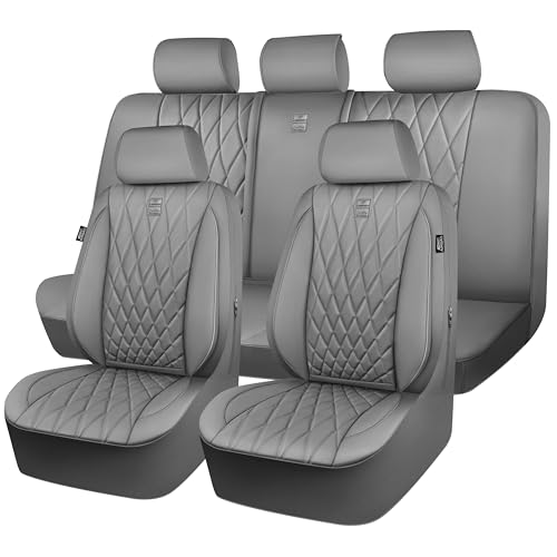 Image of CAR PASS Piping Luxury Leather Seat Covers Full Set,5 Seats Anti-Slip Waterproof Seat Covers Compatible with Front Armrests,Universal Fit for Sendans, Suvs,Vans,Trucks,Airbag Compatible,Pure Gray