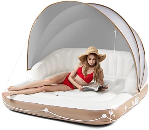 GOPLUS Lit Flottant Gonflable Géant 2-3 Personnes avec Auvent Piscine Plage, 186x186x155cm Charge Max 180kg