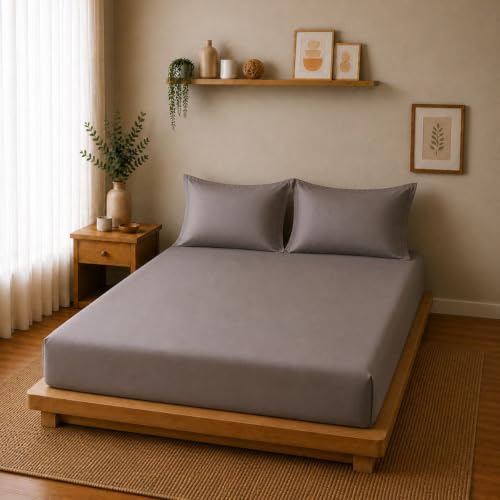 Image of Linen Home Cotton Percale Fitted Bedsheet Set King Size Charcoal