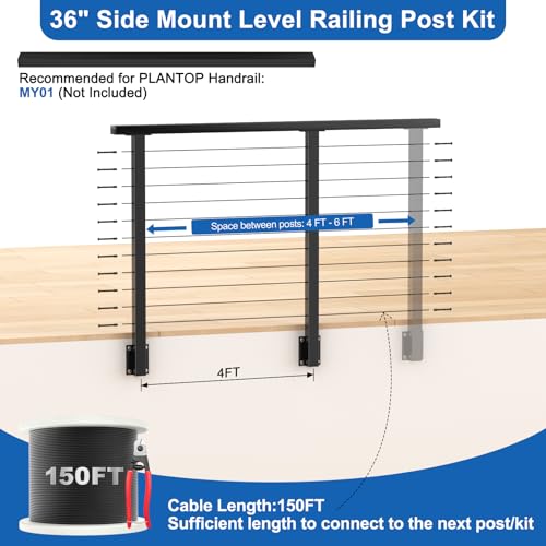 Image of 4-10ft Complete Set 36 inch Side Mount Level Railing Post Kit, 2 Pack Black Fascia Mount Level Drilled Post, 150ft 1 /8 inch Stainless Steel Cable(No Handrail), Swageless Cable Railing Kit, MY10-LP