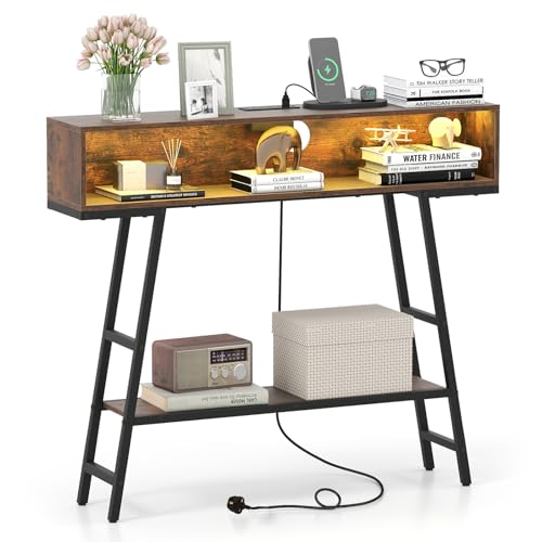 Image of COSTWAY Console Table with LED Lights and Charging Station, 3-Tier Narrow Entryway Table with Storage Shelves, 100x20CM Slim Behind Couch Sofa Tables for Hallway Foyer Living Room (Rustic Brown+Black)