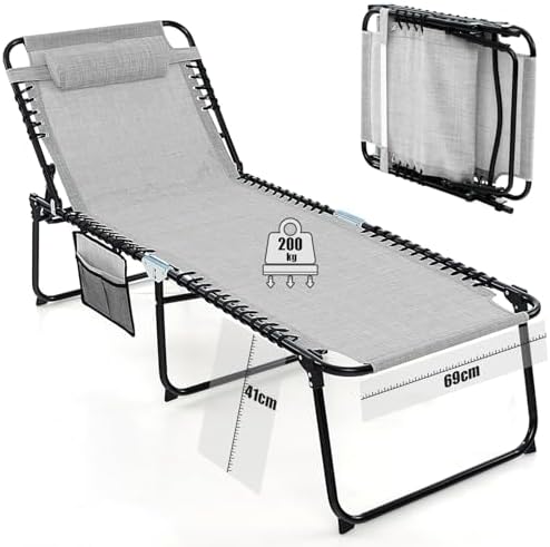 Bild 7 - COSTWAY Sonnenliege mit Kopfstütze und Seitentasche, hohe Sitzhöhe, klappbare Gartenliege mit Verstellbarer Rückenlehne, Strandliege bis 150 kg belastbar, Liegestuhl für Garten (Grau)
