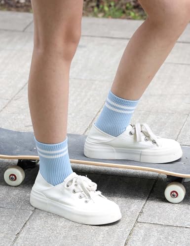 Image of 6 Pairs Solid Color Retro Striped Crew Socks for Women Girls | Soft Cotton Blend, Breathable & Comfortable Novelty Everyday Ribbed Quarter Socks