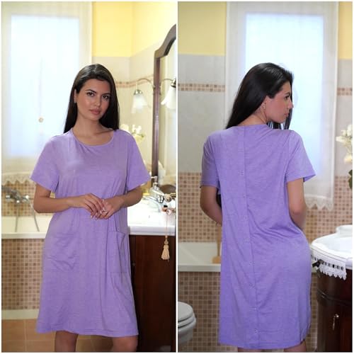 Deyeek Hospital Gowns for Women Tear Away Snap Short Sleeve Postpartum Outfits Open Back Adaptive Clothing With Pockets Purple M - Thumbnail 7