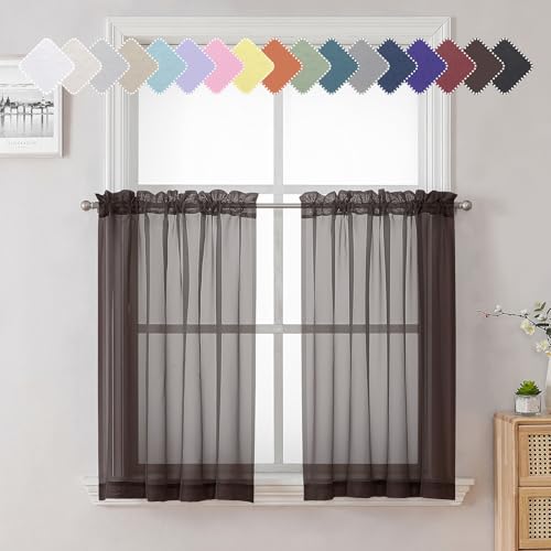 Lecloud Chocolate Sheer Curtains 36 Inch Length 2 Panels, Solid Voile Small Window Kitchen Curtains, Dual Rod Pocket Airy Gauzy Tiers for Bedroom, Each Panel 42 X 36 Inch