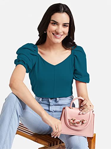 Image of Mehrang Women's Solid Ribbed Crop Tank Top Ribbed Tops for Women V-Neck 3 /4th Balloon Sleeves
