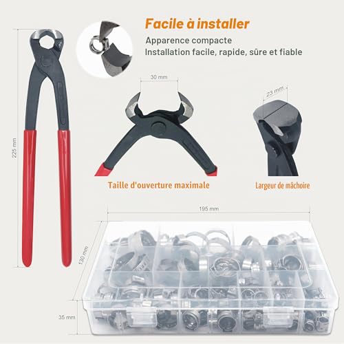 DIYoung Kit de 150 Simple Colliers de Serrage Oreille en Acier Inoxydable 304 (6-33.1 mm) Réglable，avec Pince - Pour Tuyauterie, Sanitaire et Automobile (12 Tailles + Pince) – vue 6