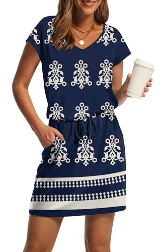 Image of OFEEFAN Summer Dresses for Women 2026 V Neck T Shirt Casual Mini Dresses Tie Waist Sundresses with Pockets