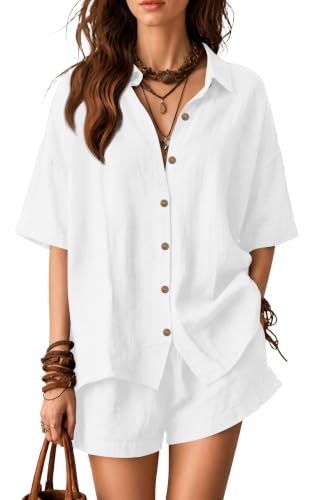 GUNEST Womens Two Piece Sets Summer Cotton Button Down Shirt Sets White L