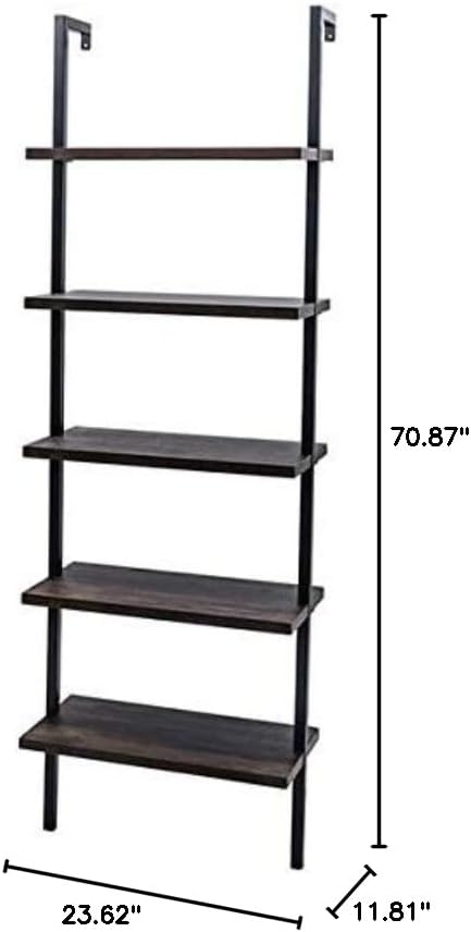 Miniatura 3 de Estantería industrial moderna de 5 niveles, tuberías de metal vintage y estantes de madera, estante de escalera montado en la pared (marco negro y