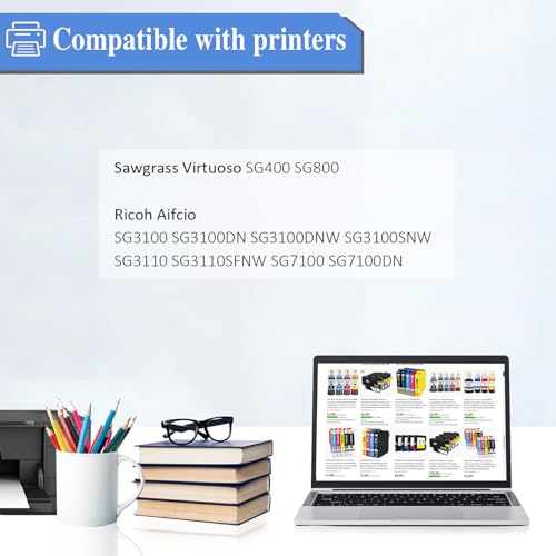 SHUOLEI Wkłady atramentowe kompatybilne z SG400 SG800 do drukarki Sawgrass Virtuoso SG400 SG800 Ricoh Aifcio SG3100 SG3110 SG7100 termotransferowy tusz sublimacyjny (BK/C/M/Y 4-pak)