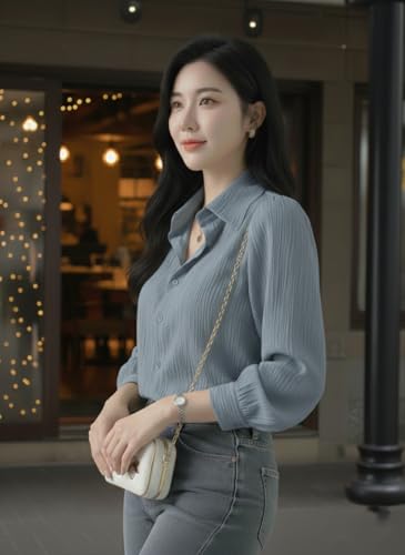 Image of Women's Button-Down Shirt Blouse with Long Sleeves