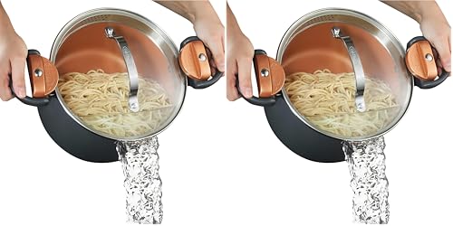 Image of Gotham Steel 5 Quart Stock Pot Multipurpose Pasta Pot with Strainer Lid&Twist and Lock Handles,Nonstick Ceramic Surface Makes for Effortless Cleanup with Tempered Glass Lid,Dishwasher Safe,(Pack of 2)