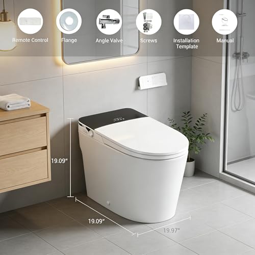 Inodoro inteligente ADA con bidé, tapa automática apertura/cierre, descarga automática, asiento calefactable, agua tibia instantánea, secador de aire cálido, sensor de pie, control remoto miniatura 4
