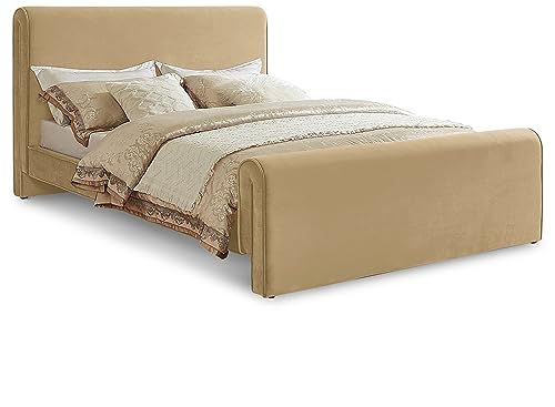 Meridian Furniture SloanCamel-Q Sloan Collection Modern | Contemporary Velvet Upholstered Queen Bed with Rich Soft Camel Velvet, Curved Headboard and Footboard, 66" W x 96" D x 45" H, Camel, Queen