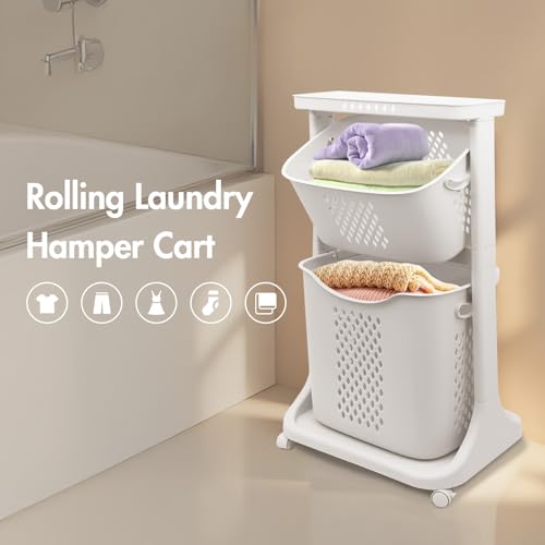 ALSO GO 2-Tier Household Laundry Hamper Sorter, White Removable Laundry Baskets, Portable Rolling Freestanding Plastic Laundry Hamper with 4 Wheels for Organizing Clothes, for Home, Bathroom, Dorm - Thumbnail 3