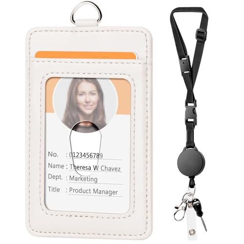 Leather Badge Holder and Adjustable Retractable Lanyards, White