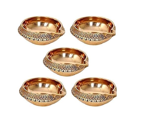 Traditional Brass Kuber Diya Oil Lamps, Decorative Design, Copper-Gold Finish, Set of 5-image-33
