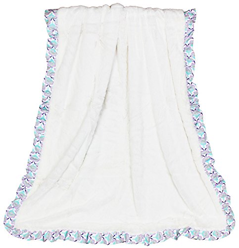 Zoe Purple and White with Floral Print Ruffle Reversible Velour Blanket