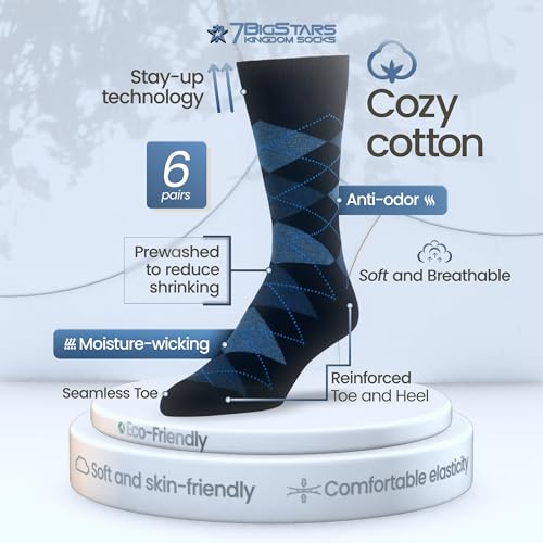 7Bigstars Mens Cotton Dress Crew Socks, 6 Pairs Patterned Assortment - Argyle, Striped, Dotted, Soft Breathable Everyday Fit2
