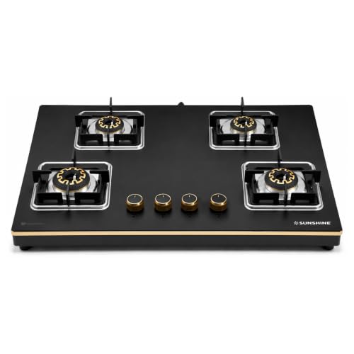 Image of Sunshine Shine Gold 4 Burner Gas Stove | Premium Glass Hob Top Cooktop | Auto Ignition | 10D Brass Burners | LPG & PNG Compatible | Golden Finish | 10 Year Glass & Burner Warranty | Black