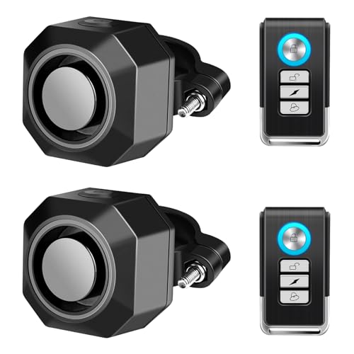 Cruxer Confezione da 2 allarmi per bici con 2 telecomando, ricaricabile tramite USB, wireless, antifurto a vibrazione, volume e sensibilità 110 dB, sistema antifurto regolabile per moto, scooter
