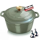MUELLER HOME 6 Quart Enameled Cast Iron Dutch Oven For Sourdough Bread Baking, Heavy-Duty, Oven-Safe up to 500° F & Across All Cooktops, Casserole Dishes, Green Kitchen Accessories, Thyme Green