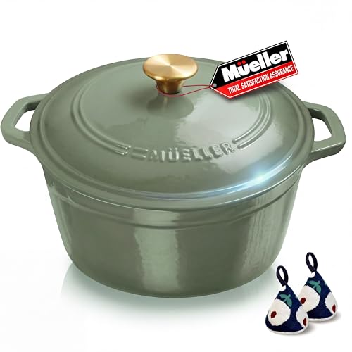 MUELLER HOME 6 Quart Enameled Cast Iron Dutch Oven For Sourdough Bread Baking, Heavy-Duty, Oven-Safe up to 500° F & Across All Cooktops, Casserole Dishes, Green Kitchen Accessories, Thyme Green