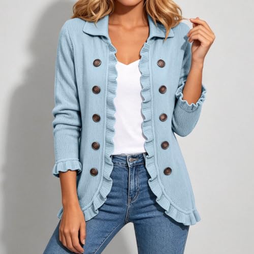 GOSEAGOTOFUN Womens Cardigan Sweaters Casual Ruffle Trim Lapel Neck Sweater Long Sleeve Open Front Knit Cardigan Fall Outfit Blue Small - image 2