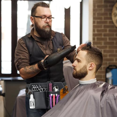 Nivofu Friseurtasche Leder - Barber Werkzeugtasche mit Gürtel, Schwarz, Verstellbar für Friseurscheren/Haarkämme