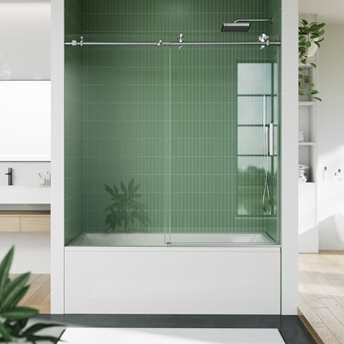 Semi-Frameless Sliding Shower Door - 56 to 60 Inch Adjustable Width x 59 Inch High, 6mm Coated Tempered Glass with Easy Clean, One Fixed & One Sliding Panel, Stainless Steel Round Rail, Brushed Nickel by PeacefulHues - Image 4