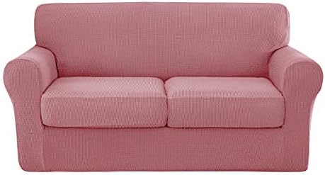 3-Piece High Stretch Woven Check Pattern Jacquard Sofa Slipcover Contain 2 Separate Cushion Couch Sofa Cover Furniture Protector for Kids Dogs Cats Pets Two-Seater Loveseat (Pink)