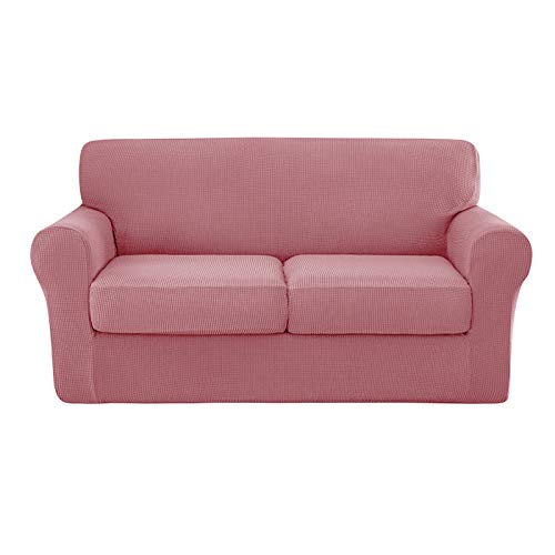 3-Piece High Stretch Woven Check Pattern Jacquard Sofa Slipcover Contain 2 Separate Cushion Couch Sofa Cover Furniture Protector For Kids Dogs Cats Pets Two-Seater Loveseat (Pink) #TOP3