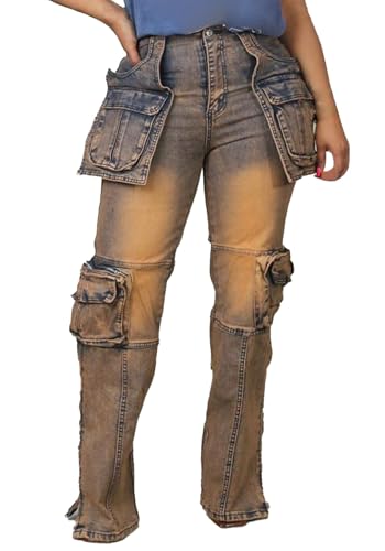Women Stretch Cargo Jeans Y2k Boyfriend High Waisted Straight Leg Pockets Street Denim Pants