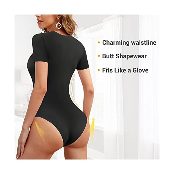 REYEOGO-Women-Shapewear-Bodysuit-Scoop-Neck-Tank-Top-Short-Sleeves-Jumpsuit-Slim-Fit-Bodycon-Clubwear-Basic-T-Shirts-Romper REYEOGO women bodycon Scoop Neck bodoysuit T-shirt shaperwear Short Sleeve Basic Bodysuits (Large, Black)