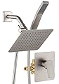 All Metal Shower Faucet Set, Dual Square Shower Head System with Handheld Wand, Diverter, Hose Complete Combo, Pressure Balance Rough-in Valve Included(Brushed Nickel)