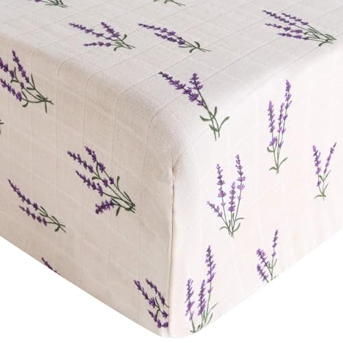LifeTree Crib Sheets for Baby, Muslin Fitted Crib Sheets Boys Girls - Toddler Bed Sheet Fits Standard Crib, Organic Cotton Breathable and Lightweight, Lavender Pattern, 28in x 52in