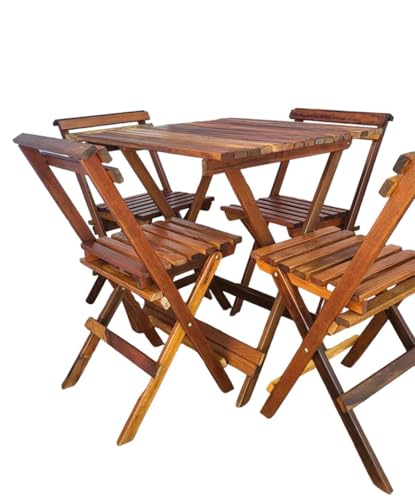 Conjunto de Mesa e 4 Cadeiras Dobráveis de Madeira Maciça para Exterior, 70x70 cm, Resistente a Manc