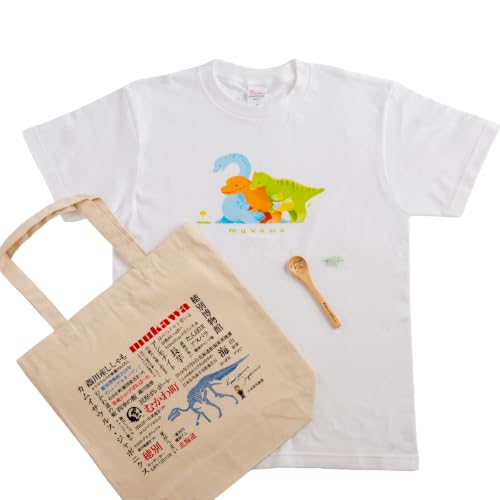 恐竜セット[B-2]Tシャツ:柄/(恐竜たち)イラストデザインver.、トートバッグ、木製スプーン、ブローチ:カラー/めろん MK
