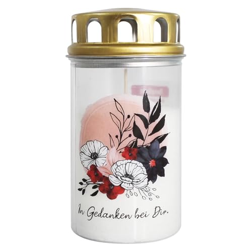 Grabkerze Ewiglicht Grablicht klein mit Deckel Blumenbouquet, Motiv In Gedanken bei Dir, Jeka