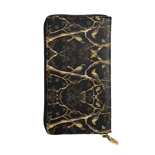 Portefeuille en cuir véritable imprimé oiseau marbré noir et doré élégant et durable