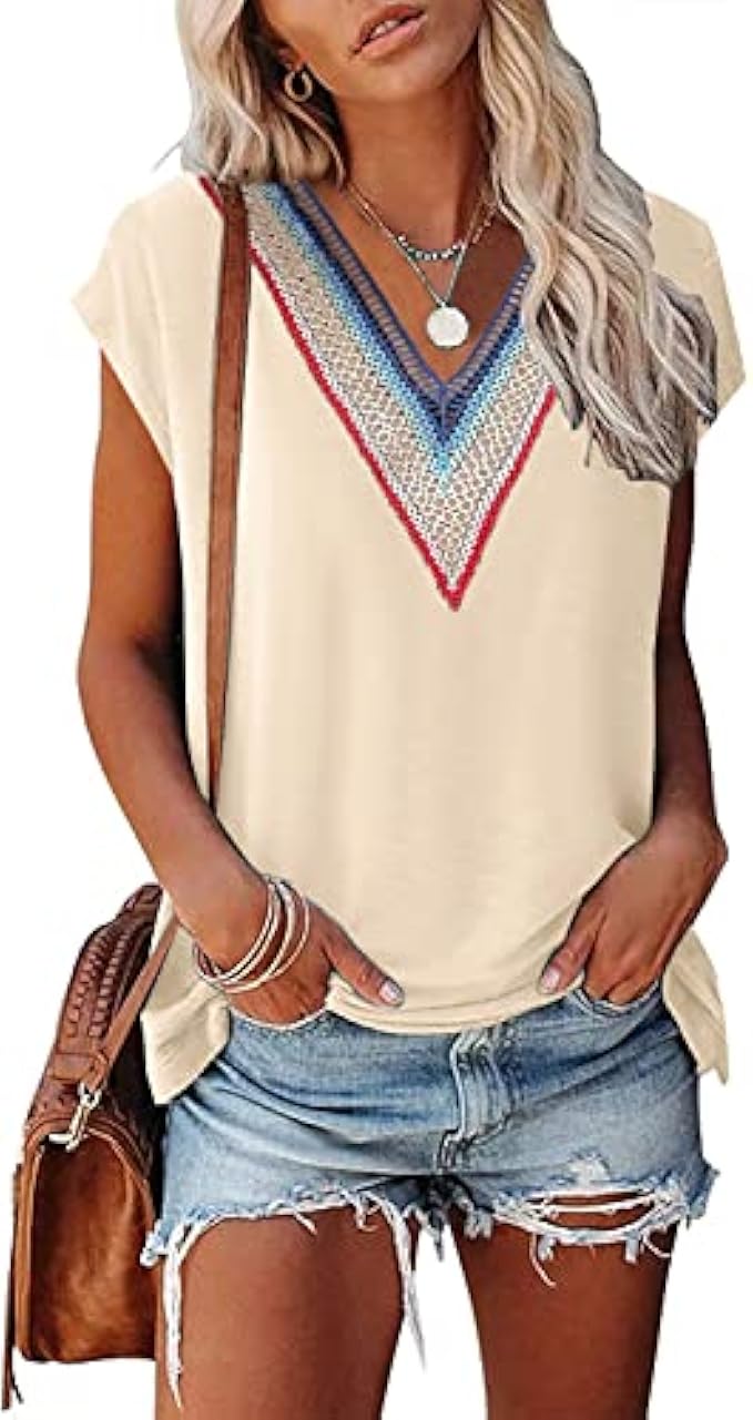 Summer Tops for Women Cap Sleeve T Shirts Casual Blouse V Neck Lace Floral Print Loose Fit Tank Tops