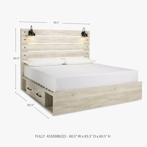 Image of Signature Design by Ashley Cambeck King Platform Bed with Storage Drawers, LED Sconce Lights and USB Ports, Engineered Wood and Decorative Laminate for Master Bedroom Organization, Whitewash, King