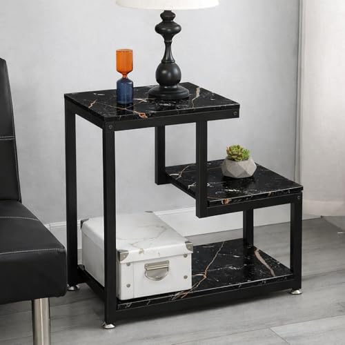 Image of 3 Tier Sofa Side Table, Modern Coffee Table Nightstands with Metal Frames and White MDF Desktop for Living Room Bed Rooms Decor (Full Black)