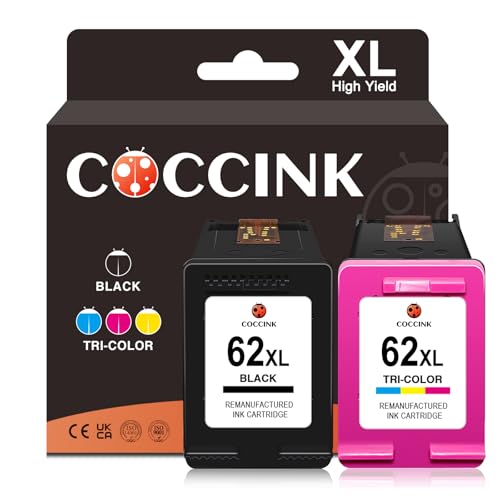 COCCINK 62XL Cartucho de Tinta Remanufacturado de Reemplazo para HP 62 XL para OfficeJet 200 250 252 5470 5740 5745 5746 8040 8045 Envy 5540 5541 5545 5640 5642 5660 7640 7645 (1 Negro, 1 Tricolor)