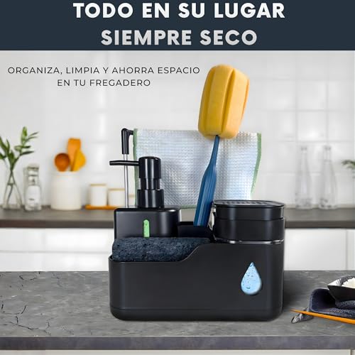 Miniatura 7 de Dispensador Jabon Cocina - Dosificador Jabon Cocina - Jabonera Cocina - Organizador Cocina - Organizador Fregadero Cocina - Soporte Estropajo Fregadero Negro