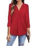 Newchoice 3/4 Sleeve Shirts for Women, Trendy Dressy V Neck Work Blouses Ladies Cute Pleated Business Casual Tops (Red, XL)