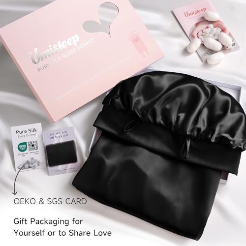 Umisleep 22 Momme 100% Maulbeerseide Schlafmütze, Doppelseitig, Weiche Nachtmütze für Voluminöses Haar, Atmungsaktiv, Verstellbares Breites Band, Schwarz